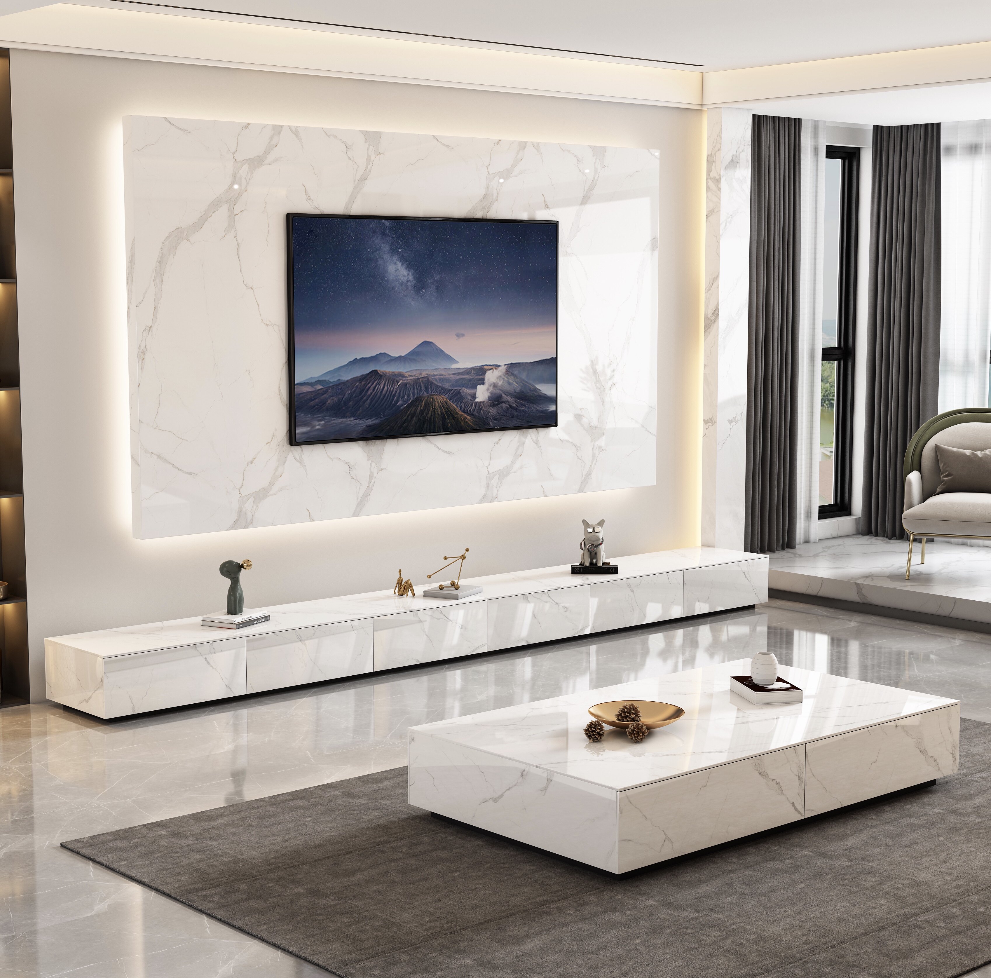 Solid wood all-rock slab coffee table TV cabinet combination light luxury cabinet modern simple floor table with drawer storage floor cabinet