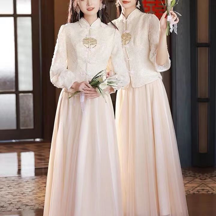 New Chinese-Style Bridesmaid Dresses 2024 New Champagne Color Spring, Summer, Autumn and Winter Sister Group Dresses Slimming Bridesmaid Dresses
