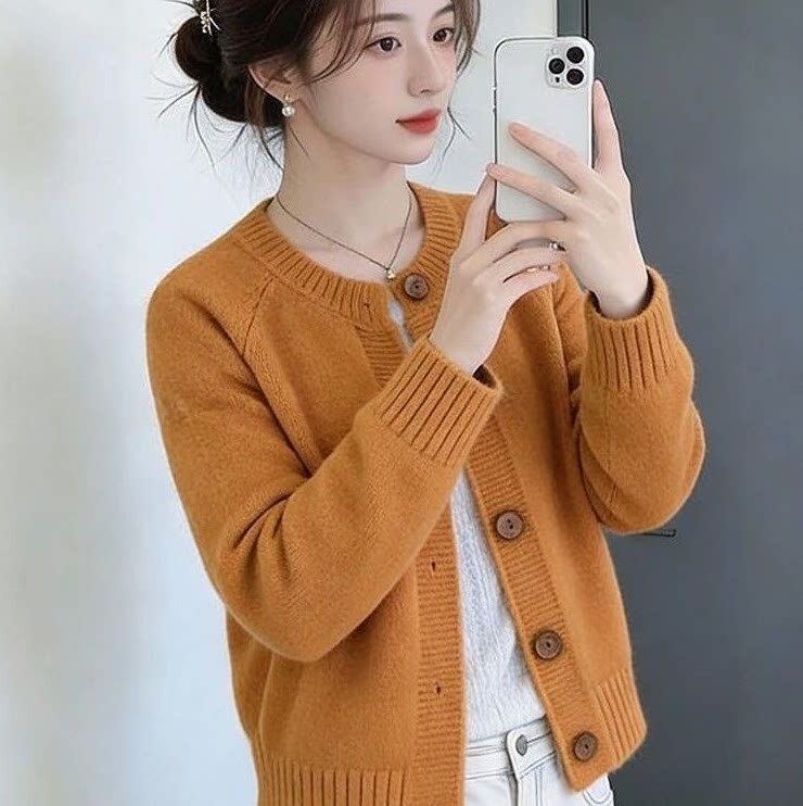 Pumpkin Orange Knitted Cardigan Jacket for Women 2026 Autumn and Winter New Style Petite Lazy Style Soft Single-Breasted Sweater