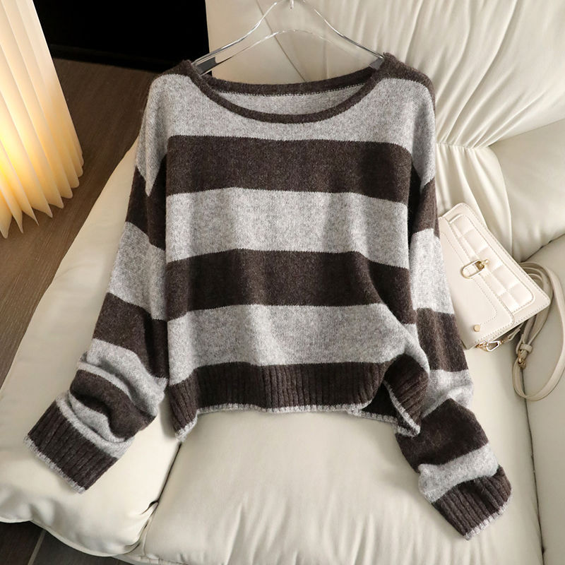Soft and Cozy Color-Blocked Lazy-Style Knit Sweater for Women, New Spring and Autumn Slimming, Body-Covering, Long-Sleeved Striped Loose Sweater