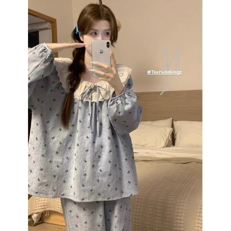 Pajamas for Women, Spring and Autum, Pure Cotton, Long-Sleeved Pants, Korean Style ins Style, Sweet Bow, Girl Student Home Wear Set