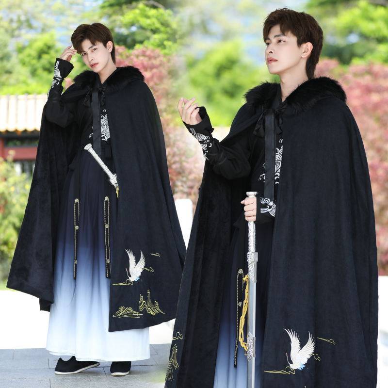 Плащ Hanfu, мужская осенне-зимняя одежда, длинный плюс бархатный толстый плащ с капюшоном и меховым воротником, древний костюм, теплая куртка-шаль