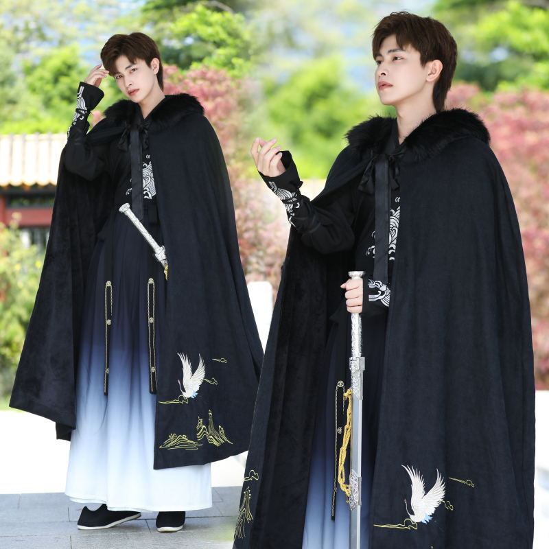 Men's Hanfu Cloak, Autumn and Winter Long Style, Fleece-Lined and Thickened, Hooded with Fur Collar, Traditional Costume, Warm Shawl Coat