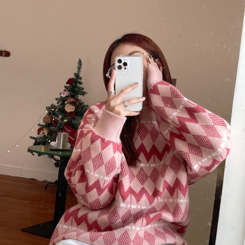 Pink rhombus pullover autumn and winter retro loose and lazy outer wear Western style knitted sweater 2022 new women