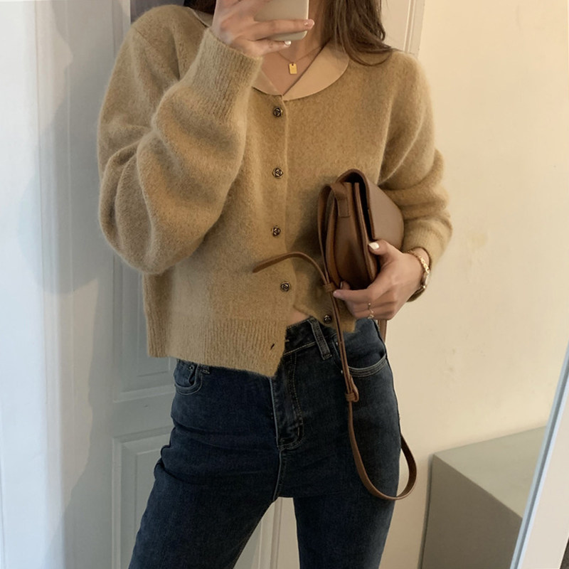 Korean version loose retro splicing petal collar sweater sweatshirt for women's short and thin wool-knitted sweatshirt autumn-winter new outwear