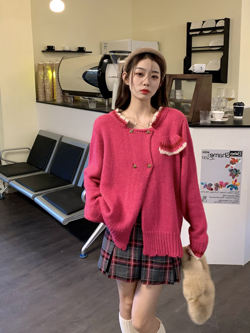 Chic design rose red sweater women's autumn and winter thickened lazy style loose Western style lace contrast color knitted cardigan