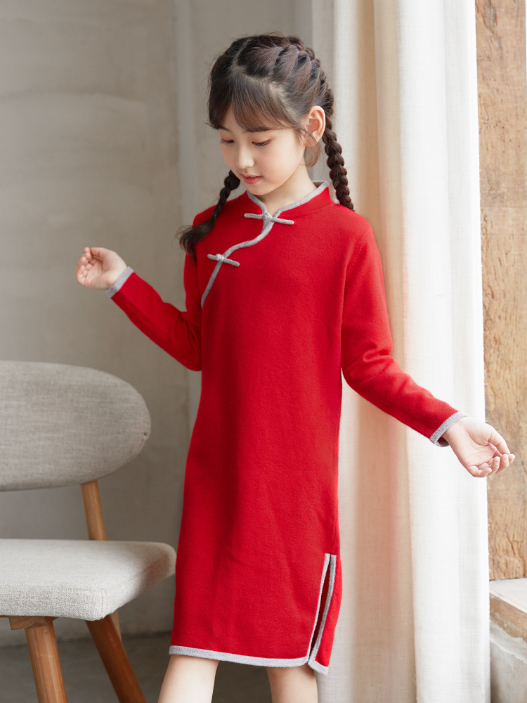 Girls Cheongsam sweater Hanfu Mother and daughter dress Chinese style Children's Autumn and Winter baby Festive New Year's Eve dress Parent-child Tang dress