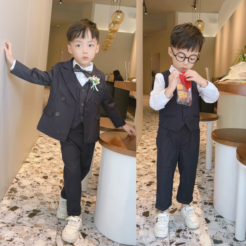 Boy's black striped small suit children's gown waistcoat three-piece 2022 new Inlan flower fairysuit suit-Taobao