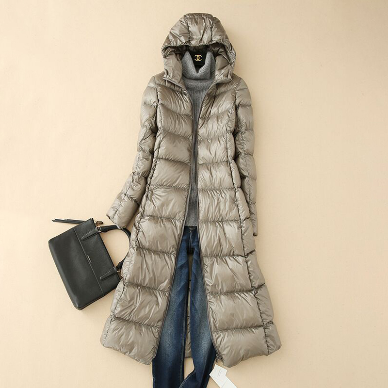 Clearance Sale of Original Export Women's Mid-Length down Jacket, Lightweight, Slim Fit, Extra-Long, Over-The-Knee, Hooded Coat