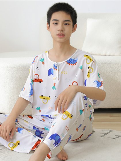 睡衣男士夏季棉绸短袖长裤夏季绵绸薄款大码学生青少年家居服套装