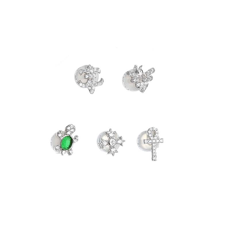 Fashion mixed wind 925 silver zirconium symbol bee turtle five pieces of ear needle multi - elemental ear decoration