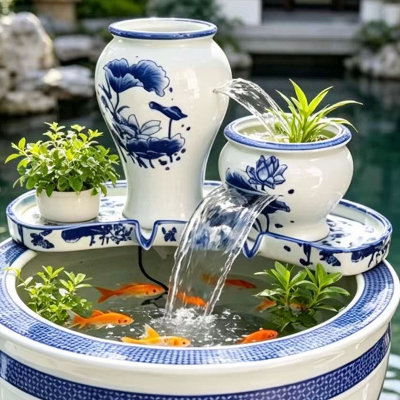 Jingdezhen Ceramic Fish Tank Waterfall Water Feature for Courtyard Balcony, Traditional Fish Farming with Self-Circulating Filtration and Oxygenation Jingdezhen Ceramic Fish Tank Waterfall Water Feature for Courtyard Balcony, Traditional Fish Farming with Self-Circulating Filtration and Oxygenation