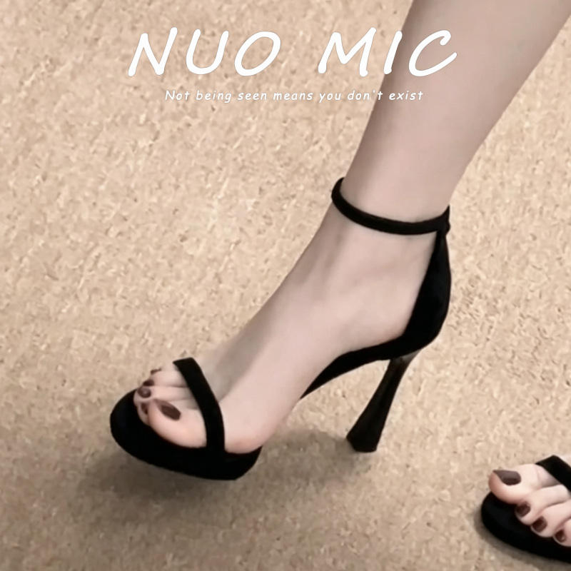 Black Suede One-Strap Ultra-High Heels for Women, Summer Sexy and Elegant, Waterproof Platform, Comfortable Stiletto Open-Toe Sandals