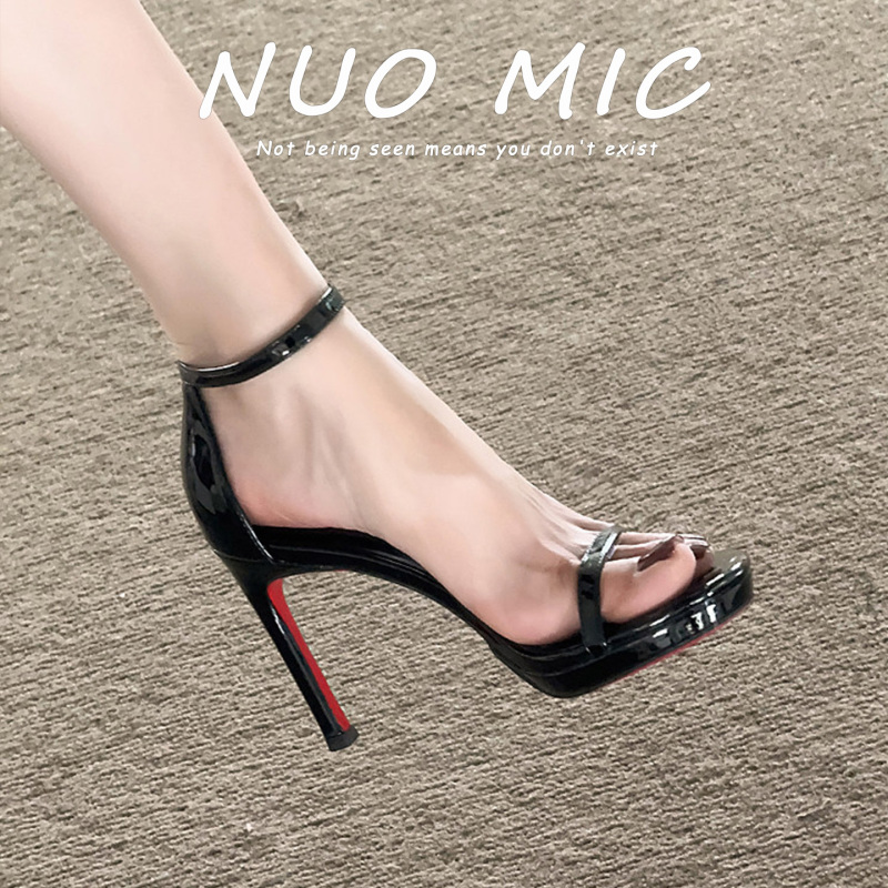 One-Strap Stiletto High-Heeled Sandals for Women, Summer Open-Toe Patent Leather Sexy Red-Soled Platform High Heels for Commuting and Professional Use