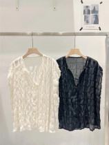 TD retro bubble pumping rope sleeveless light T-shirt woman 2022 Summer sweetness V collar minus the slim shirt tide