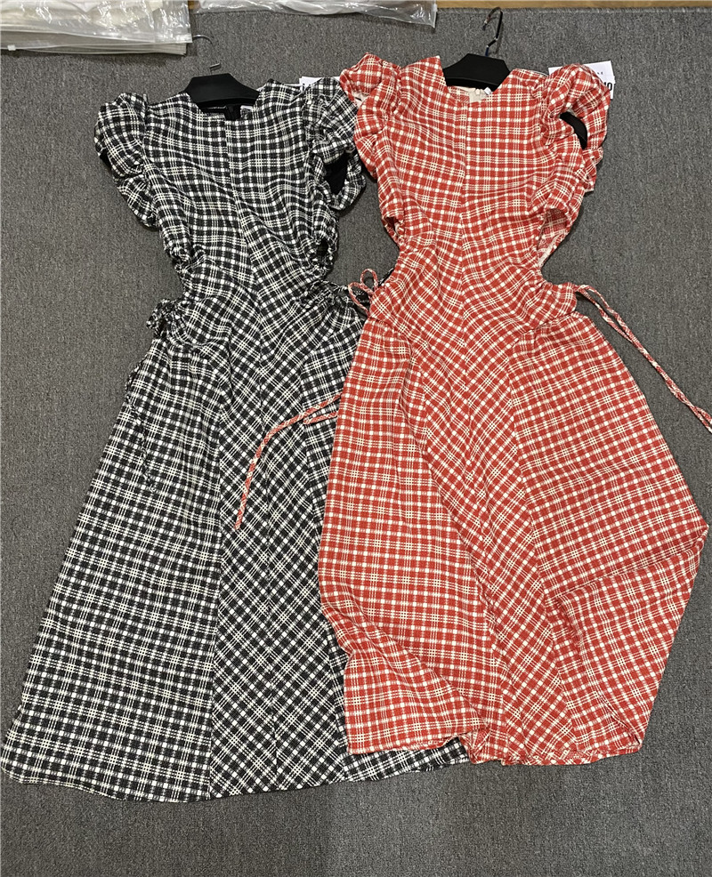 LAGA net red plaid puff sleeves drawstring waistless over-the-knee dress female slim fashion retro big swing A-line skirt