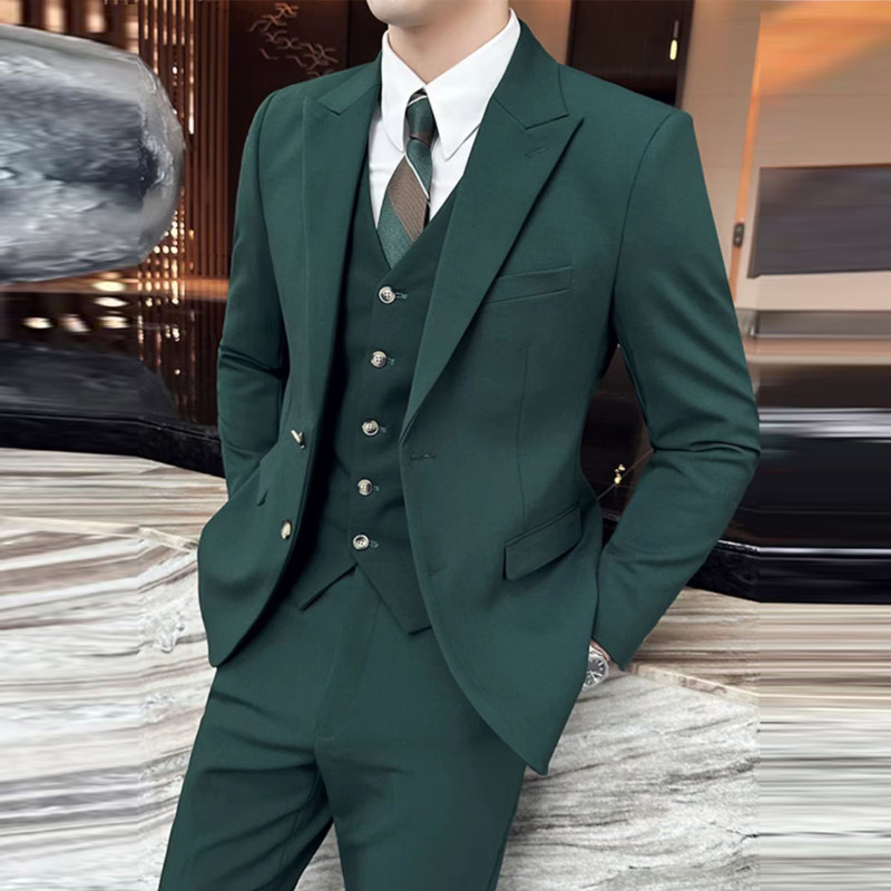 Dark Green Two-Button Suit Set for Men, Korean Style, Slim Fit, High-End, Peaked Lapel, Casual Blazer