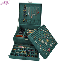 Korean three-layer jewelry box Princess flannel wooden European style with lock super large capacity ring earrings jewelry storage box