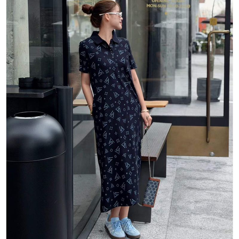 Summer New Women's Korean Style Pique Cotton Printed Over-The-Knee Long Plus-Size Slimming Casual Short-Sleeved Dress Polo Dress