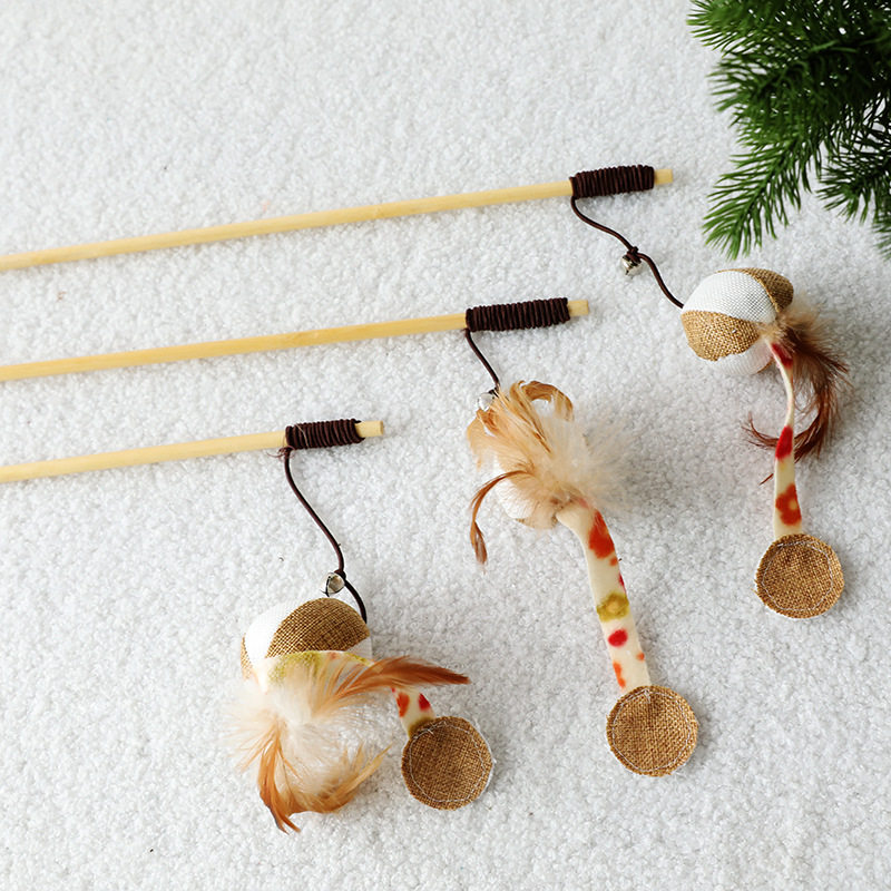 Cat toy wooden pole feather funny cat stick meow interactive self-hi sounding feather bell pumpkin ball