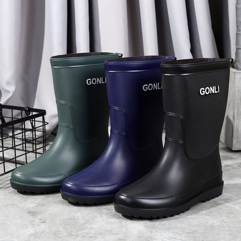 Anti-slip rain shoes men's section construction fishing kitchen waterproof shoes thickened suede cotton removable anti-chill warm medium-high rain boots