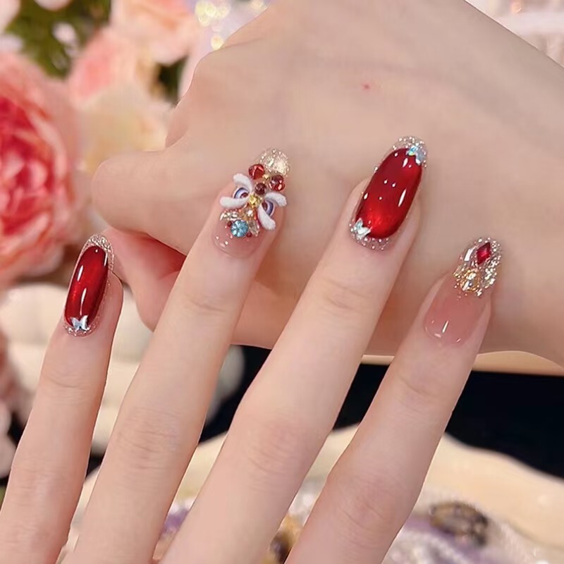Red Lion Dance 2026 New Year of the Horse Wearable Nails High-End Nail Art Stickers Wedding New Fake Nail Tips Finished Set Red Lion Dance 2026 New Year of the Horse Wearable Nails High-End Nail Art Stickers Wedding New Fake Nail Tips Finished Set
