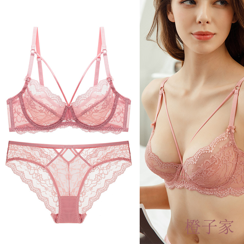 Sexy Ultra-Thin Breathable Plus-Size Lingerie Set for Fat Women with Large Breasts, De Cup Lace Bra for Girls, Pink
