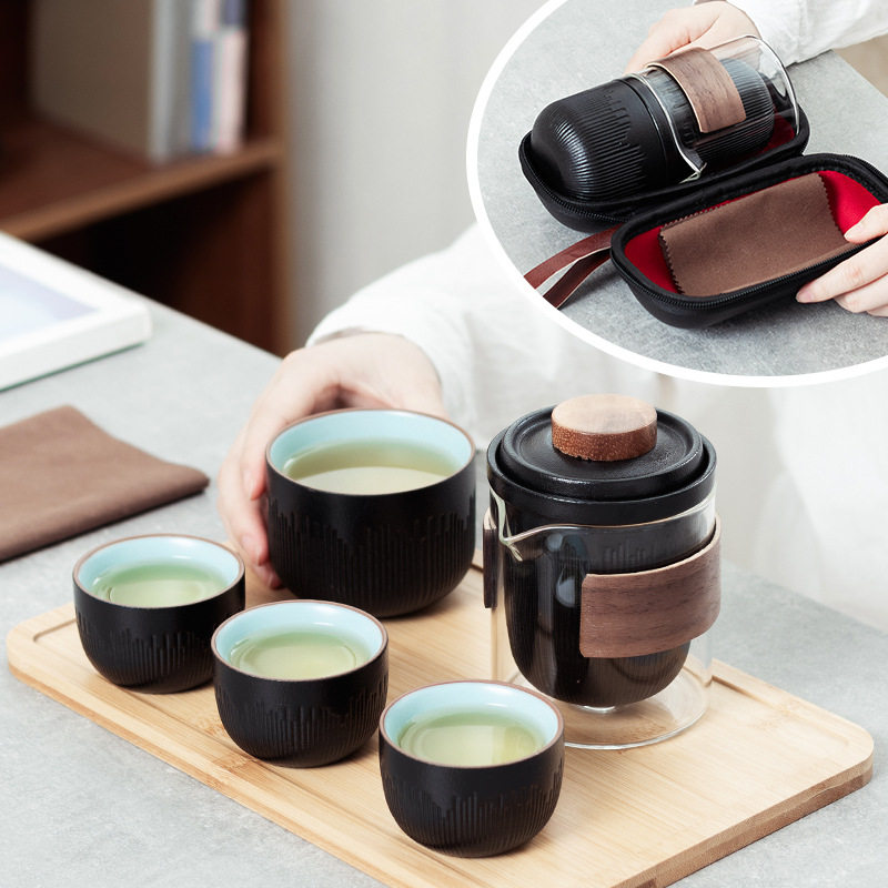 Travel tea set set one pot four cups outdoor portable teapot creative anti-scalding glass quick cup portable bag