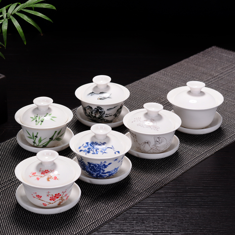 Gaiwan Teacup White Porcelain Tong Tea Bowl Kung Fu Tea Tea Bowl Jade Porcelain Sancai Bowl Chong Tea Cup Dehua Ceramic Covered Bowl Tea Set