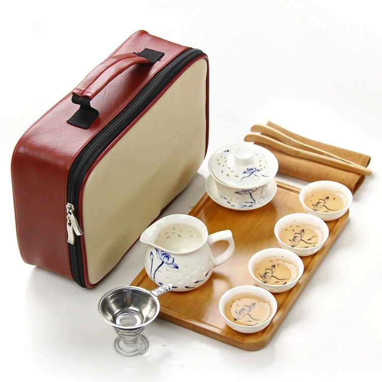 Portable travel tea set set open piece can raise Ge kiln Ru kiln teapot household kung fu three talents cover bowl tea cup