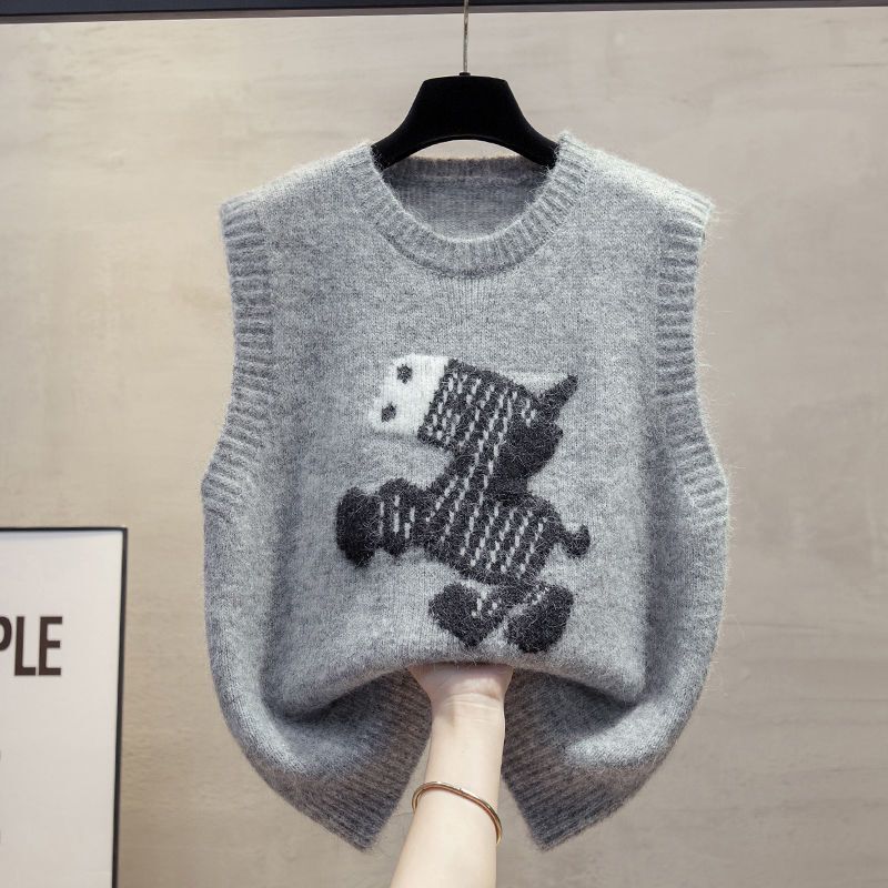 Cute Little Horse Jacquard Knit Vest for Women, Autumn and Winter Outerwear, Pullover Round Neck Vest, Japanese Style Layered Sleeveless Sweater