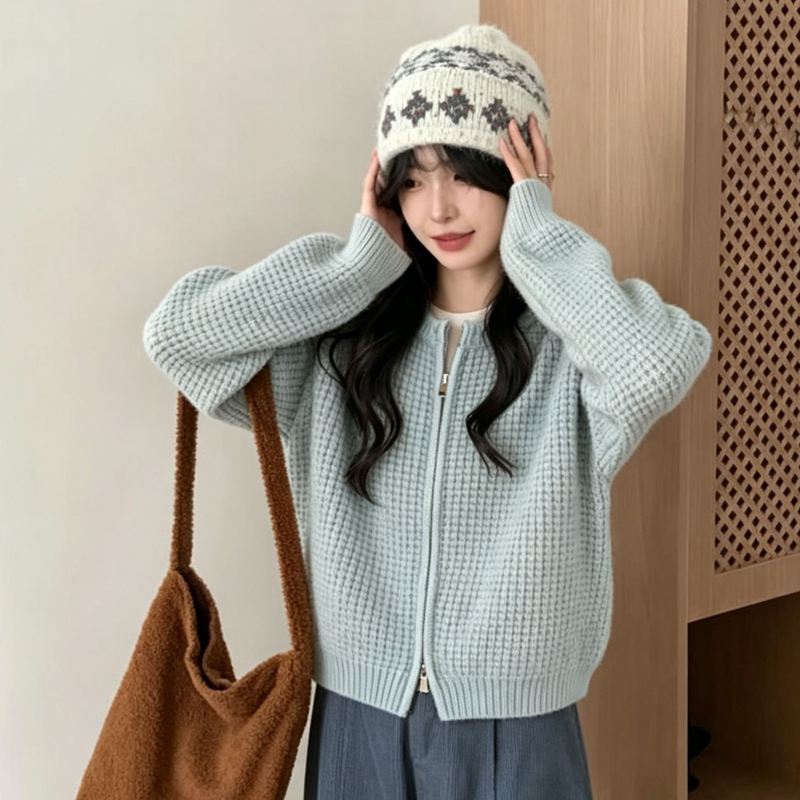 Waffle Knit Zip-Up Cardigan for Women, Short Round Neck, Loose and Soft Knit Jacket, Casual and Simple Top for Commuting Waffle Knit Zip-Up Cardigan for Women, Short Round Neck, Loose and Soft Knit Jacket, Casual and Simple Top for Commuting