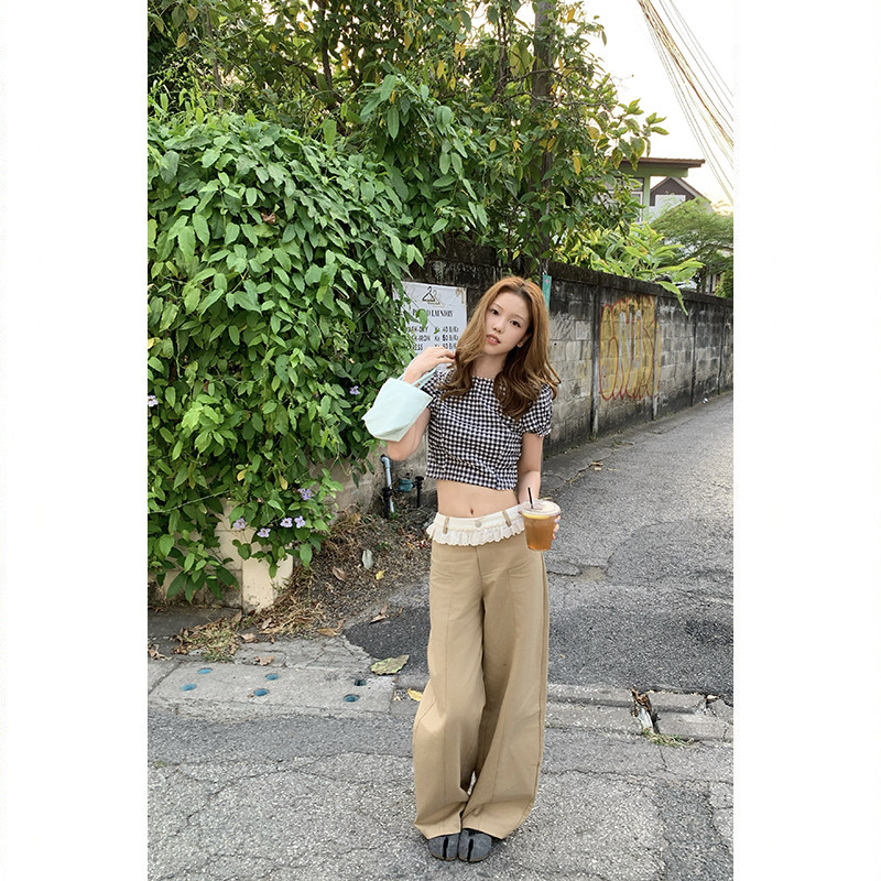 Tuuuh женские повседневные брюки с кружевной отделкой, широкие длинные брюки цвета хаки, весенняя коллекция