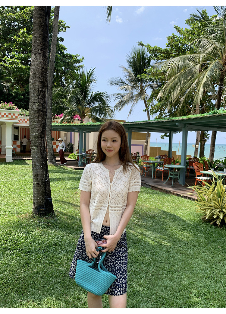 Tuuuh кардиган женский французский вязаный круглый вырез ажурный короткий рукав белая накидка блузка