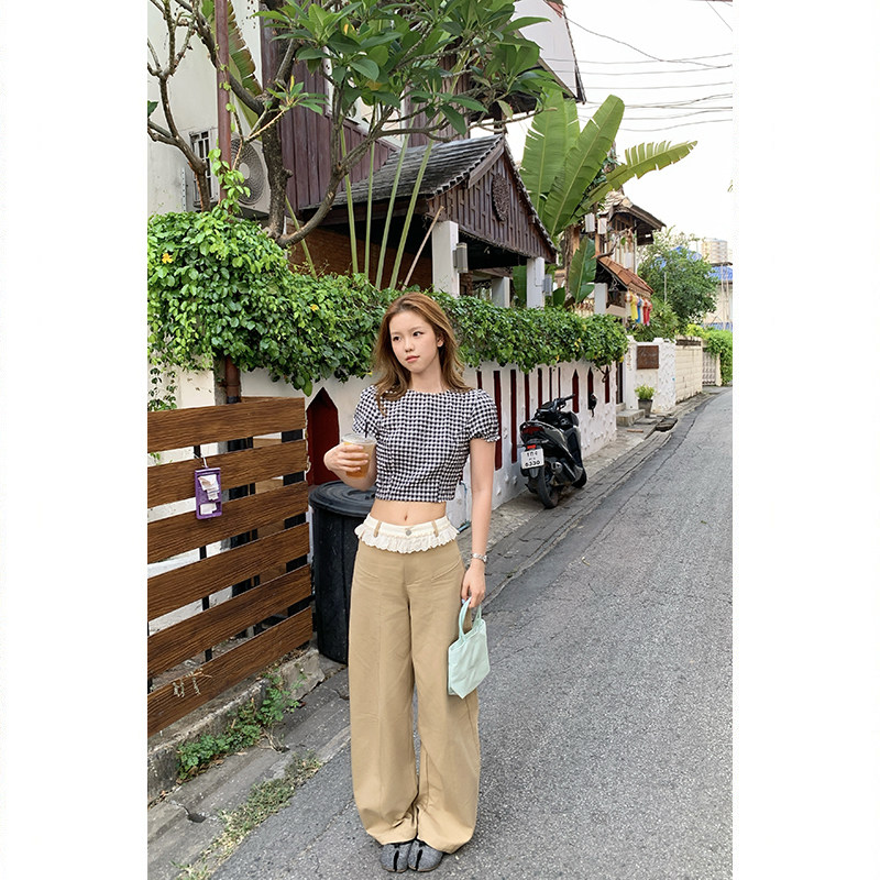 Tuuuh женские повседневные брюки с кружевной отделкой, широкие длинные брюки цвета хаки, весенняя коллекция