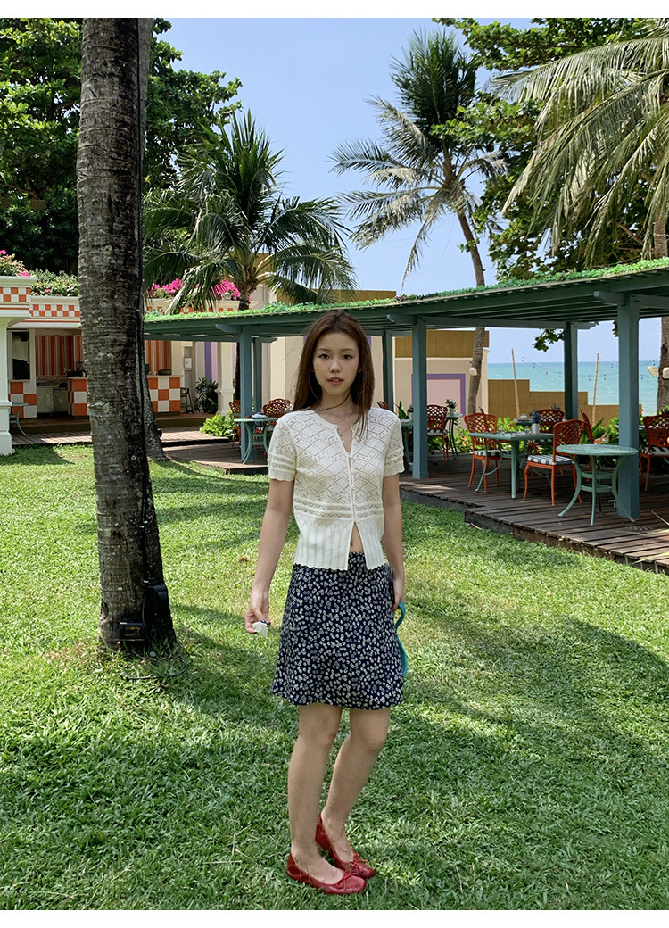 Tuuuh кардиган женский французский вязаный круглый вырез ажурный короткий рукав белая накидка блузка