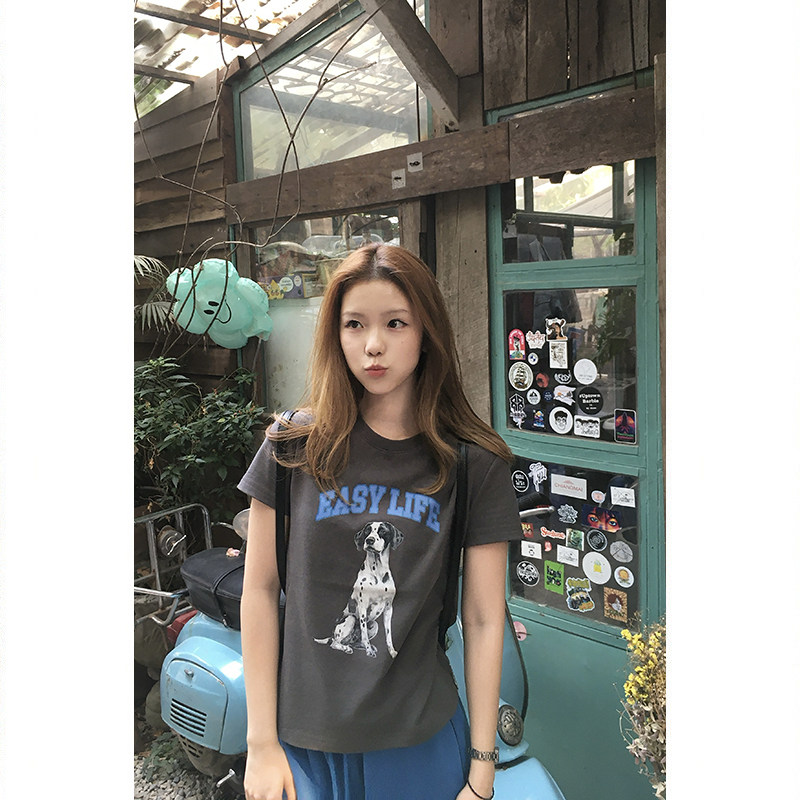 Tuuuh футболка женская с принтом собачки свободная с коротким рукавом 2026 летняя новинка американский ретро стиль