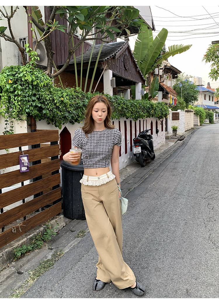 Tuuuh рубашка женская клетчатая с пуфовыми рукавами приталенная короткая блузка летняя