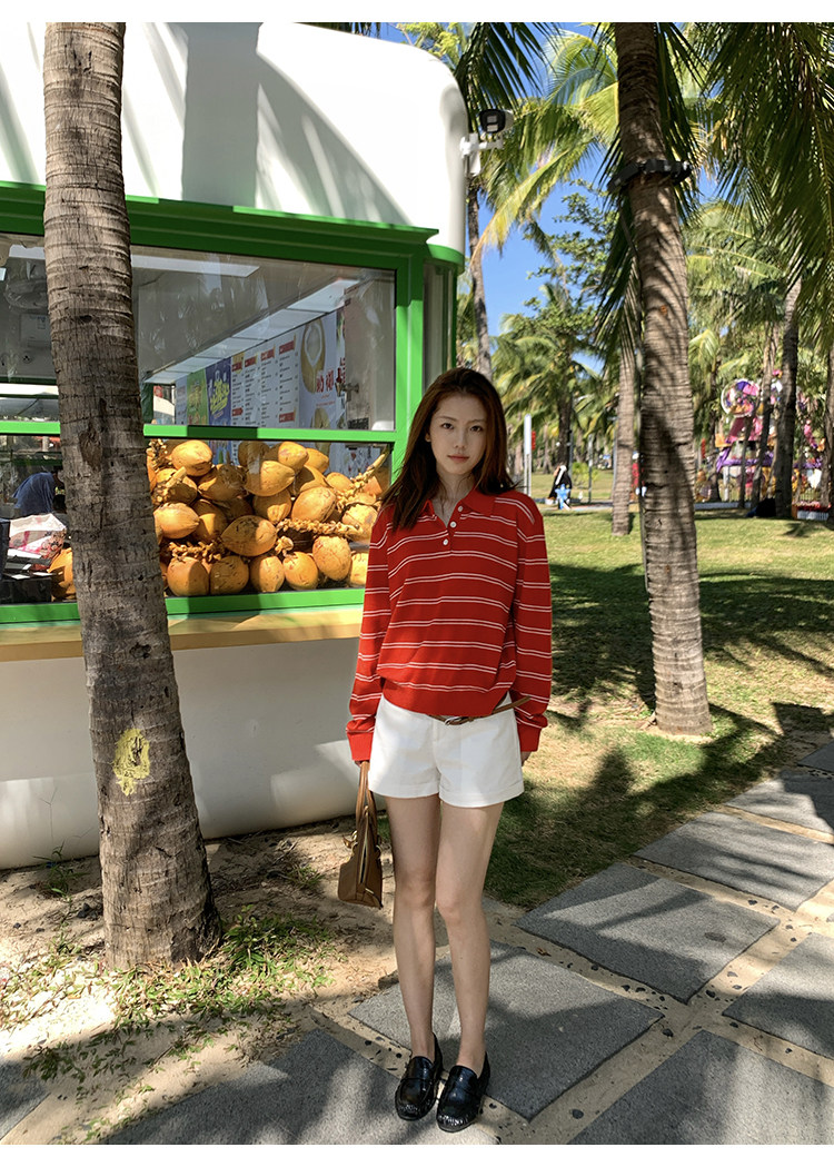 Tuuuh женский красный вязаный свитер с воротником поло в полоску, корейский стиль, винтаж, повседневный, стройнящий