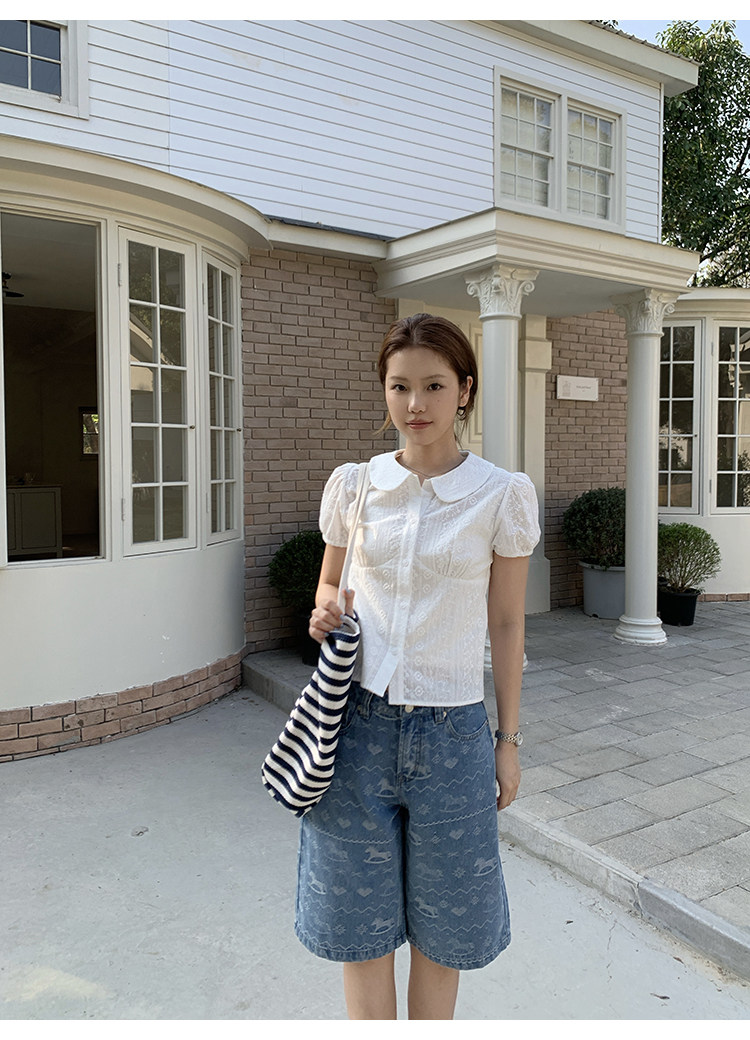 Tuuuh блузка белая с кукольным воротником и рукавами-буфами женская весна-лето французская кружевная жаккардовая милая рубашка