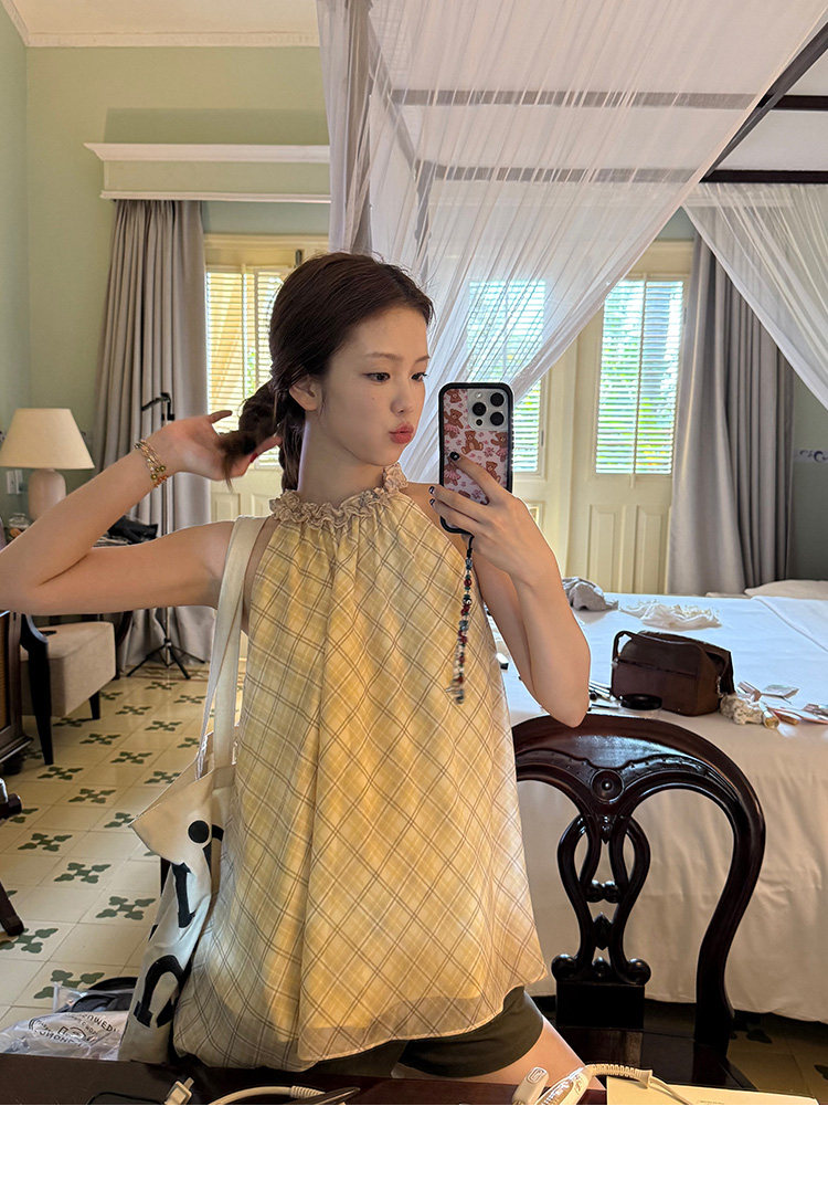 Tuuuh платье женское летнее французское ретро с завязками на шее в клетку свободное универсальное для отпуска