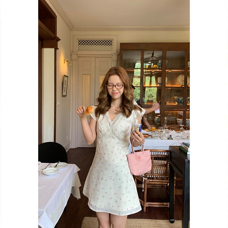 Tuuuh летнее платье с цветочным принтом, V-образный вырез, кружевные вставки, короткие рукава