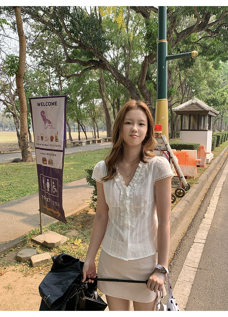 Tuuuh женская белая рубашка с французскими рюшами летняя V-образный вырез приталенная универсальная короткий рукав блузка