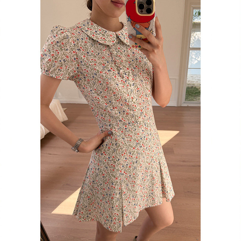 Tuuuh платье с воротником-жабо, рукавами-буфами и цветочным принтом женское весенне-летнее корейский стиль школьный стройнящее милое