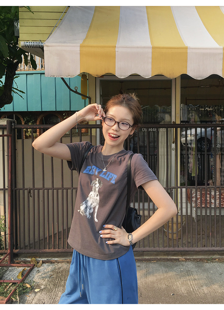 Tuuuh футболка женская с принтом собачки свободная с коротким рукавом 2026 летняя новинка американский ретро стиль