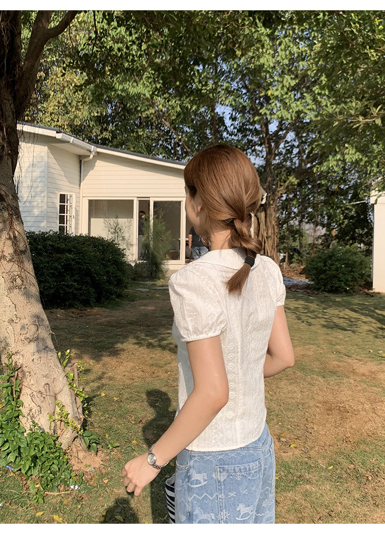 Tuuuh блузка белая с кукольным воротником и рукавами-буфами женская весна-лето французская кружевная жаккардовая милая рубашка