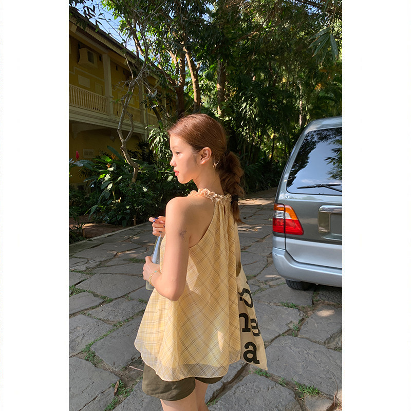 Tuuuh платье женское летнее французское ретро с завязками на шее в клетку свободное универсальное для отпуска