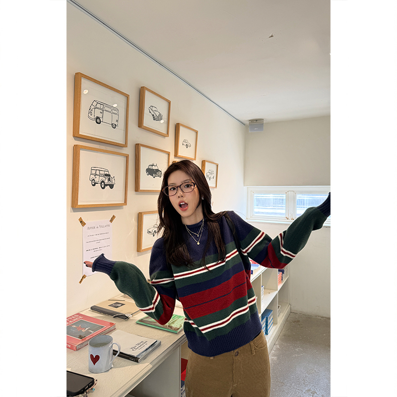 Tuuuh Picture Book [Royal Blue Rainbow Pattern] Navy Striped Sweater for Women, Autumn and Winter Vintage Loose Pullover Top