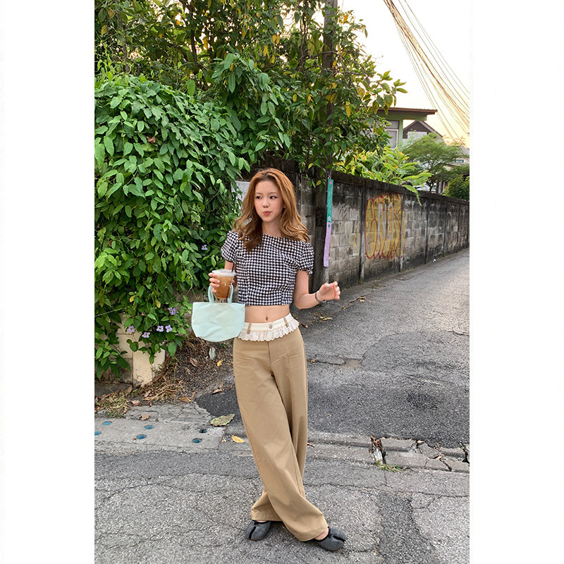 Tuuuh рубашка женская клетчатая с пуфовыми рукавами приталенная короткая блузка летняя