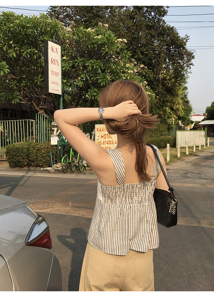 Tuuuh майка женская с квадратным вырезом в полоску без рукавов приталенная летняя